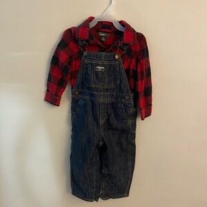 Toddler Denim Overalls and Plaid Button Up Shirt Outfit